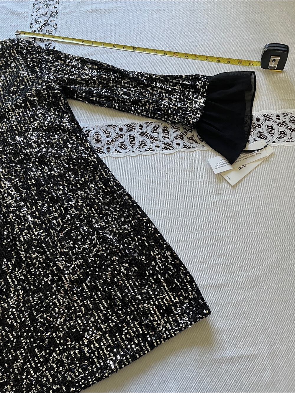 Calvin Klein Black Sequin V-Neck Mini Dress with Sheer Cuffs - Picture 7 of 10